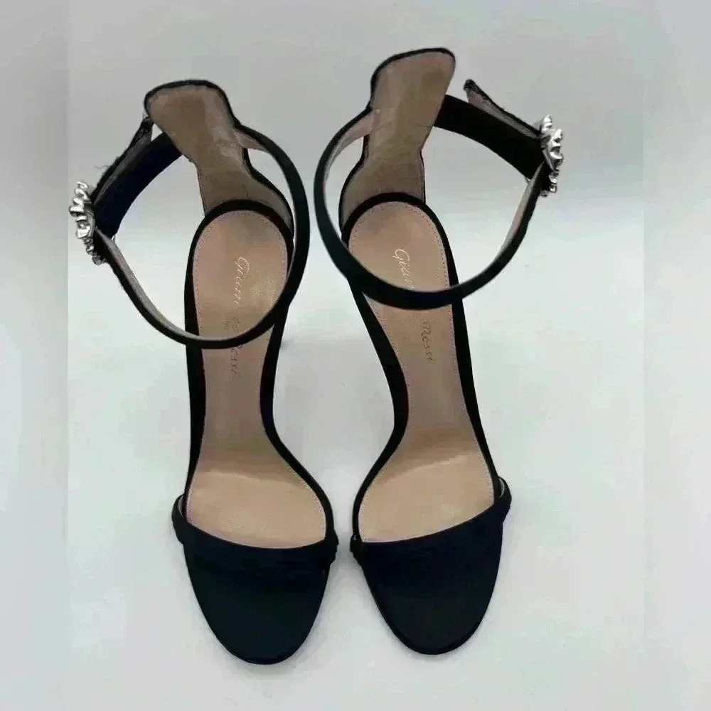 GIANVITO ROSSI Ava Crystal Embellished Satin Sandals Heels Black Size 37 - Picture 5 of 14